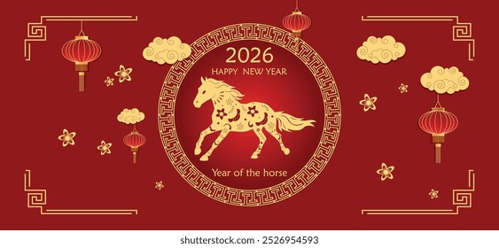 Feliz año Nuevo chino 2026 con caballos dorados, linterna, abanico chino y marco de borde chino oriental de oro vintage fondo rojo lujoso. Anuncios, carteles, boletines del Año Nuevo. Año Nuevo lunar 2026