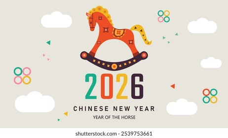 Happy Chinese New Year 2026, Year of the horse Chinese zodiac signs, modern flat geometric style Chinese zodiac horse