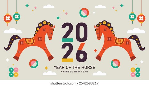 Happy Chinese New Year 2026 with horses, year of horse, 2026 New Year banners, posters, newsletters. 2026 Lunar New Year