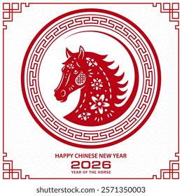 Happy Chinese new year 2026 Zodiac sign, year of the Horse, with red paper cut art and craft style on white color background (Chinese Translation : happy new year 2026, year of the Horse)