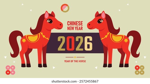 Happy Chinese new year 2026 background vector. Year of the Horse design wallpaper with Chinese pattern, gold hanging lantern. Modern luxury oriental illustration for cover, banner, website, envelope.