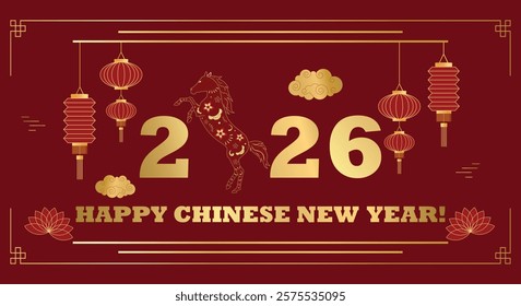 Happy Chinese New Year 2026 with gold horse, lantern, lotus flower and vintage golden oriental Chinese border frames red luxury background. New Year banners, posters. 2026 Lunar New Year