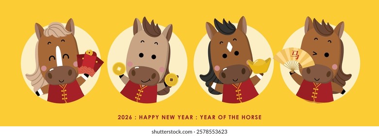 Happy Chinese new year 2026 greeting card with cute horse in red costume and gold money. Animal zodiac cartoon character. -Vector
