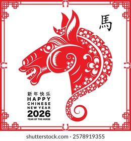 Happy chinese new year 2026 the horse zodiac sign with flower,lantern,asian elements red paper cut style on color background. ( Translation : happy new year 2026 year of the horse )