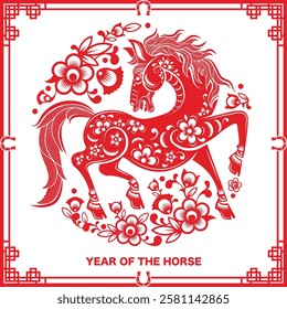 Happy chinese new year 2026 the horse zodiac sign with flower,lantern,asian elements red paper cut style on color background. ( Translation : happy new year 2026 year of the horse )
