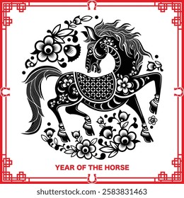 Happy chinese new year 2026 the horse zodiac sign with flower,lantern,asian elements red paper cut style on color background. ( Translation : happy new year 2026 year of the horse )
