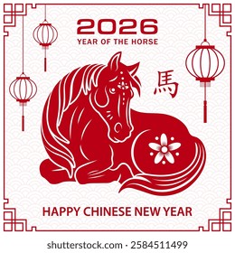 Happy Chinese new year 2026 Zodiac sign, year of the Horse, with red paper cut art and craft style on white color background (Chinese Translation : happy new year 2026, year of the Horse)