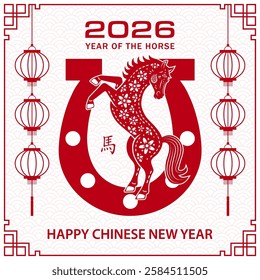 Happy Chinese new year 2026 Zodiac sign, year of the Horse, with red paper cut art and craft style on white color background (Chinese Translation : happy new year 2026, year of the Horse)