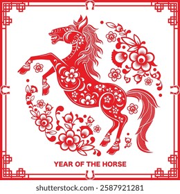 Happy chinese new year 2026 the horse zodiac sign with flower,lantern,asian elements red paper cut style on color background. ( Translation : happy new year 2026 year of the horse )
