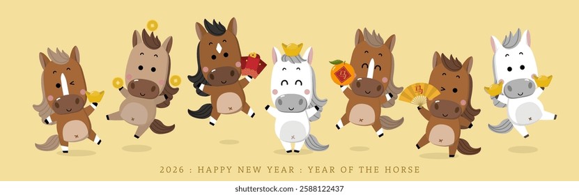 Happy Chinese new year 2026 greeting card with cute horse and gold money. Animal zodiac cartoon character. -Vector