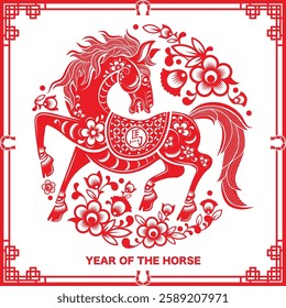 Happy chinese new year 2026 the horse zodiac sign with flower,lantern,asian elements red paper cut style on color background. ( Translation : happy new year 2026 year of the horse )
