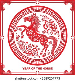 Happy chinese new year 2026 the horse zodiac sign with flower,lantern,asian elements red paper cut style on color background. ( Translation : happy new year 2026 year of the horse )

