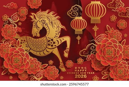 Happy chinese new year 2026 the horse zodiac sign with flower,lantern,asian elements red and gold color paper cut style on color background. ( Translation : happy new year 2026 year of the horse )

