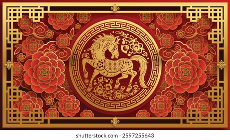 Happy chinese new year 2026 the horse zodiac sign with flower,lantern,asian elements red and gold color paper cut style on color background. ( Translation : happy new year 2026 year of the horse )
