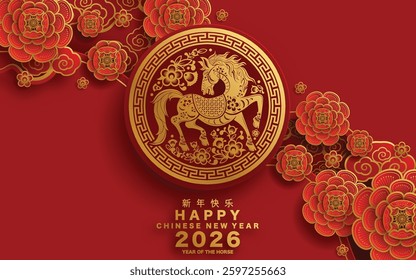 Happy chinese new year 2026 the horse zodiac sign with flower,lantern,asian elements red and gold color paper cut style on color background. ( Translation : happy new year 2026 year of the horse )
