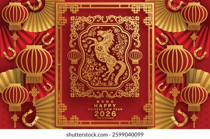 Happy chinese new year 2026 the horse zodiac sign with flower,lantern,asian elements red and gold color paper cut style on color background. ( Translation : happy new year 2026 year of the horse )
