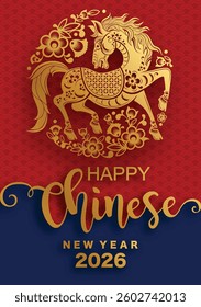 Happy chinese new year 2026 the horse zodiac sign with flower,lantern,asian elements red and gold color paper cut style on color background. ( Translation : happy new year 2026 year of the horse )
