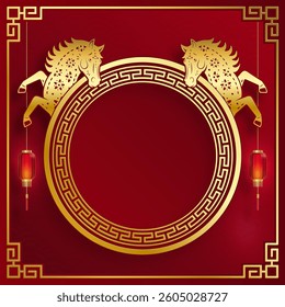 Happy Chinese new year 2026 horse Zodiac sign, with gold paper cut art and craft style on color background (Chinese Translation: happy new year 2026, year of Horse)