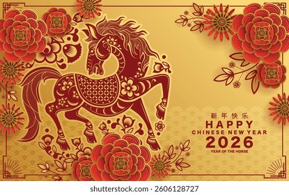 Happy chinese new year 2026 the horse zodiac sign with flower,lantern,asian elements red and gold color paper cut style on color background. ( Translation : happy new year 2026 year of the horse )
