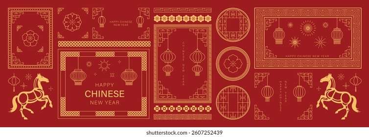 Happy Chinese New Year 2026 element vector set. Year of the horse design. Lanterns, horse, firework, frame, pattern, flower isolated icons of Asian Lunar New Year holiday decoration vector.