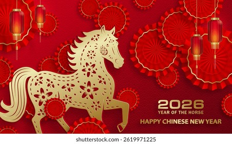 Feliz Ano Novo Chinês 2026 cavalo Zodíaco sinal, com papel de ouro corte arte e artesanato estilo em fundo de cor (Chinês Tradução: feliz Ano Novo 2026, ano do cavalo)