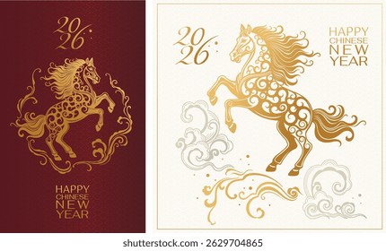 Feliz Ano Novo Chinês 2026 - tradicional vermelho e ouro cartões comemorativos vetor festivo