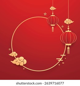 Happy Chinese new year 2026. Chinese new year banner for show product. Greeting card. China frame with lantern on red background.