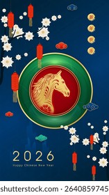 Happy Chinese New Year 2026 Year of the horse. Golden horse in green jade on blue background. Card greeting zodiac. Lunar calendar animal. Translation Happy new year. Vector.