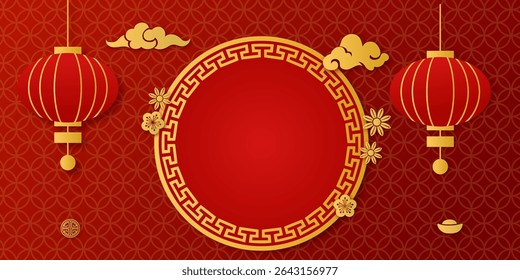 Happy Chinese new year 2026. Greeting card. Chinese new year banner with circle for show product. China frame with lantern on red background.