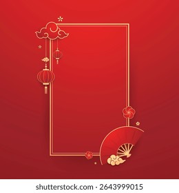 Happy Chinese new year 2026. Chinese new year banner for show product. Greeting card. China frame with lantern on red background.