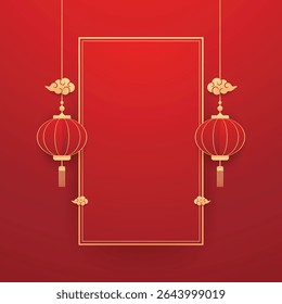 Happy Chinese new year 2026. Chinese new year banner for show product. Greeting card. China frame with lantern on red background.