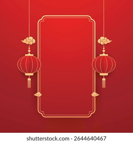 Happy Chinese new year 2026. Chinese new year banner for show product. Greeting card. China frame with lantern on red background.