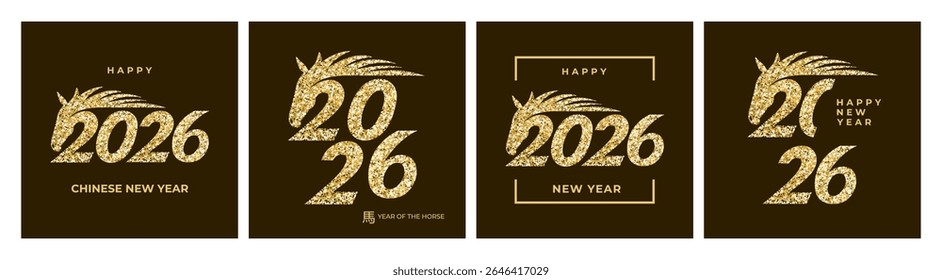 Happy Chinese New Year 2026! Festive postcard set with glittering zodiac horse designs. Celebrate the Year of the Horse with elegant Asian-inspired Lunar New Year greeting cards.