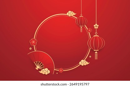 Happy Chinese new year 2026. Chinese new year banner for show product. Greeting card. China frame with lantern on red background.
