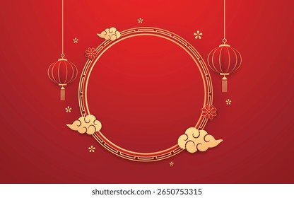 Happy Chinese new year 2026. Chinese new year banner for show product. Greeting card. China frame with lantern on red background.
