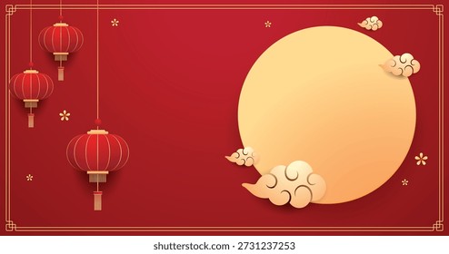Frohes chinesisches neues Jahr 2026. Chinesisches Neujahrsbanner für Show-Produkt. Grußkarte. China-Rahmen mit Laterne auf rotem Hintergrund.