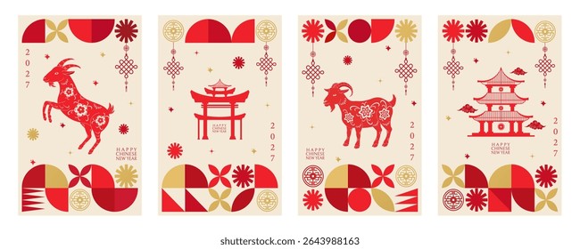 Happy Chinese New Year 2027 vertical posters. Backgrounds with a goat and geometric shapes. Vector illustration.