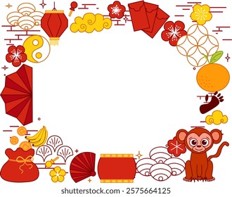 Happy Chinese new year 2028 monkey. Lunar lantern festival banner with oval place for show product. Greeting card. China frame with lantern vector graphic line
