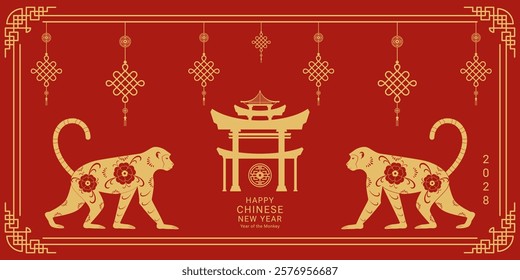 Happy Chinese New Year 2028. Background with monkeys. Vector illustration.