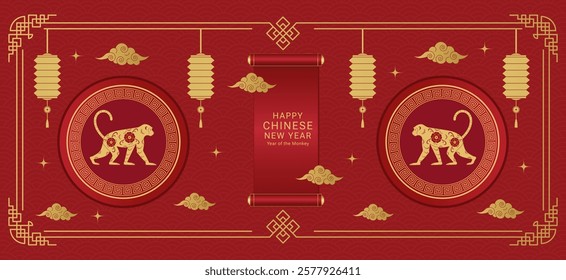 Happy Chinese New Year 2028. Background with monkeys. Vector illustration.