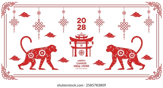 Happy Chinese New Year 2028. Background with monkeys. Vector illustration.