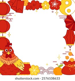 Feliz ano novo chinês 2029 galo. Lunar New Year lantern festival quadrado quadro modelo para mostrar produto. Cartão comemorativo. Ilustração de linha gráfica vetorial
