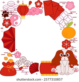 Happy Chinese new year 2030 dog. Lantern lunar festival square frame with circle for show product. Vector graphic line Greeting card. China frame with lantern on background.
