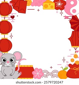 Feliz Ano Novo Chinês 2032 Rato rato. Lunar New Year lantern festival quadrado quadro modelo para mostrar produto. Cartão comemorativo. Ilustração de linha gráfica vetorial
