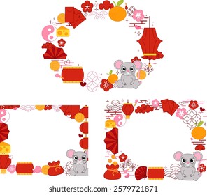 Happy Chinese new year 2032 mouse rat. Lunar lantern festival new year oval frame set for show product. Vector graphic line  CNY lunar  lantern festival Greeting card.
