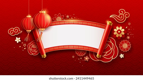 Happy Chinese New Year, Chinese Ancient Scroll ribbon banner curve design on red background, Eps 10 vector illustration