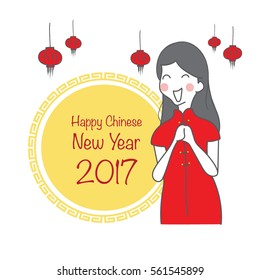Happy Chinese New Year With Asia girl, Vector Hand Drawing Doodles 