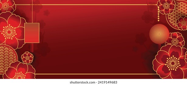 Happy Chinese new year backdrop vector. Wallpaper design with flower, lantern, pattern on red background. Modern luxury oriental illustration for cover, banner, website, decor, border, frame.