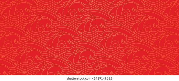 Happy Chinese new year backdrop vector. Wallpaper design with chinese sea wave on red background. Modern luxury oriental illustration for cover, banner, website, decor, border, frame.