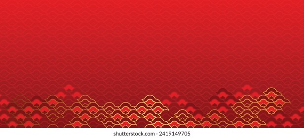 Happy Chinese new year backdrop vector. Wallpaper design with gold chinese pattern on red background. Modern luxury oriental illustration for cover, banner, website, decor, border, frame.